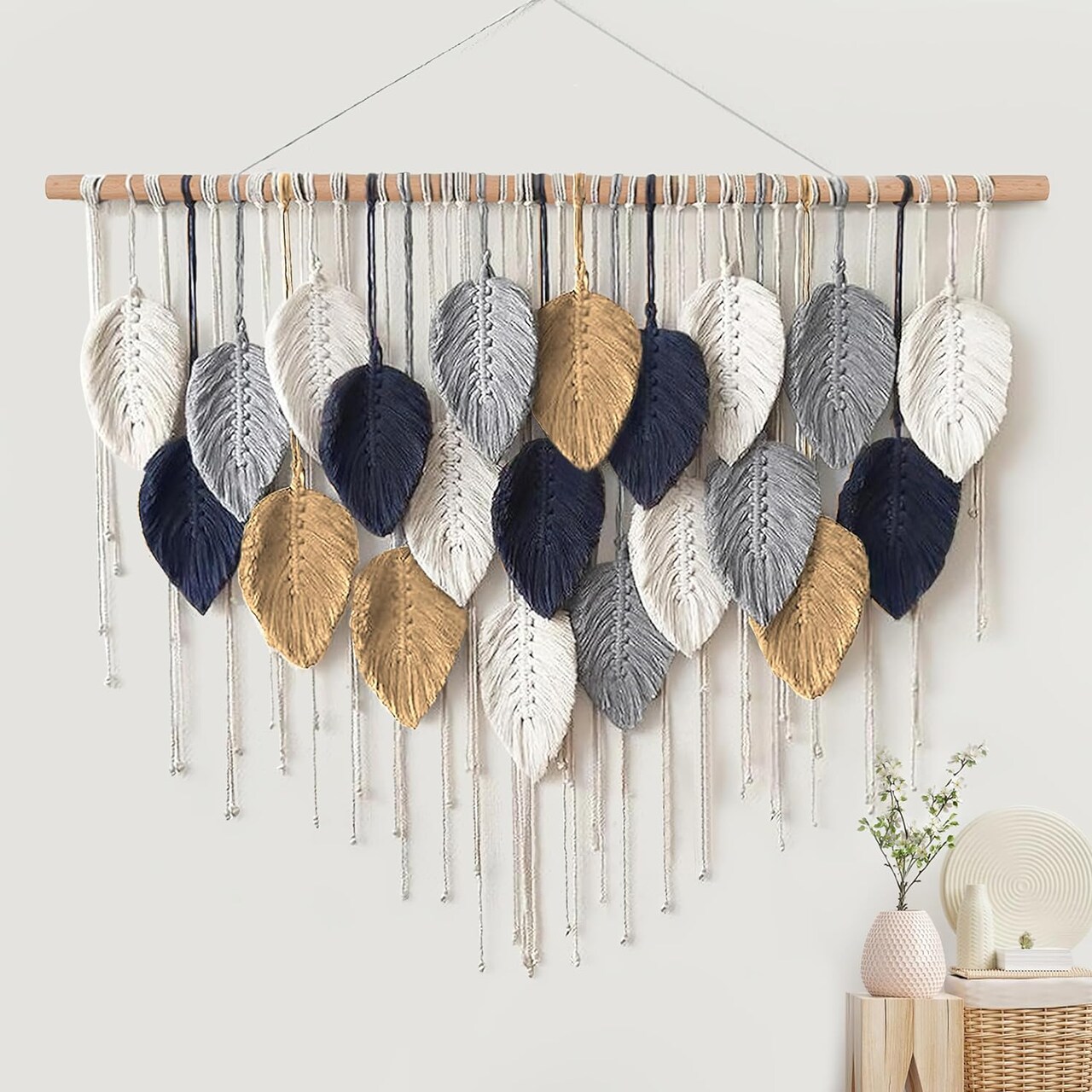 Large Macramé Wall Hanging – Boho Handmade Leaf & Feather Woven Tapestry, Chic Bohemian Wall Art for Bedroom, Living Room, Nursery, or Apartment, 39" W x 29.5" L